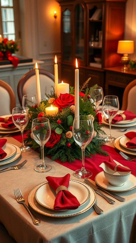 Elegant Christmas table setting with Villeroy & Boch dinnerware, featuring red and gold decorations, candles, and a floral centerpiece.